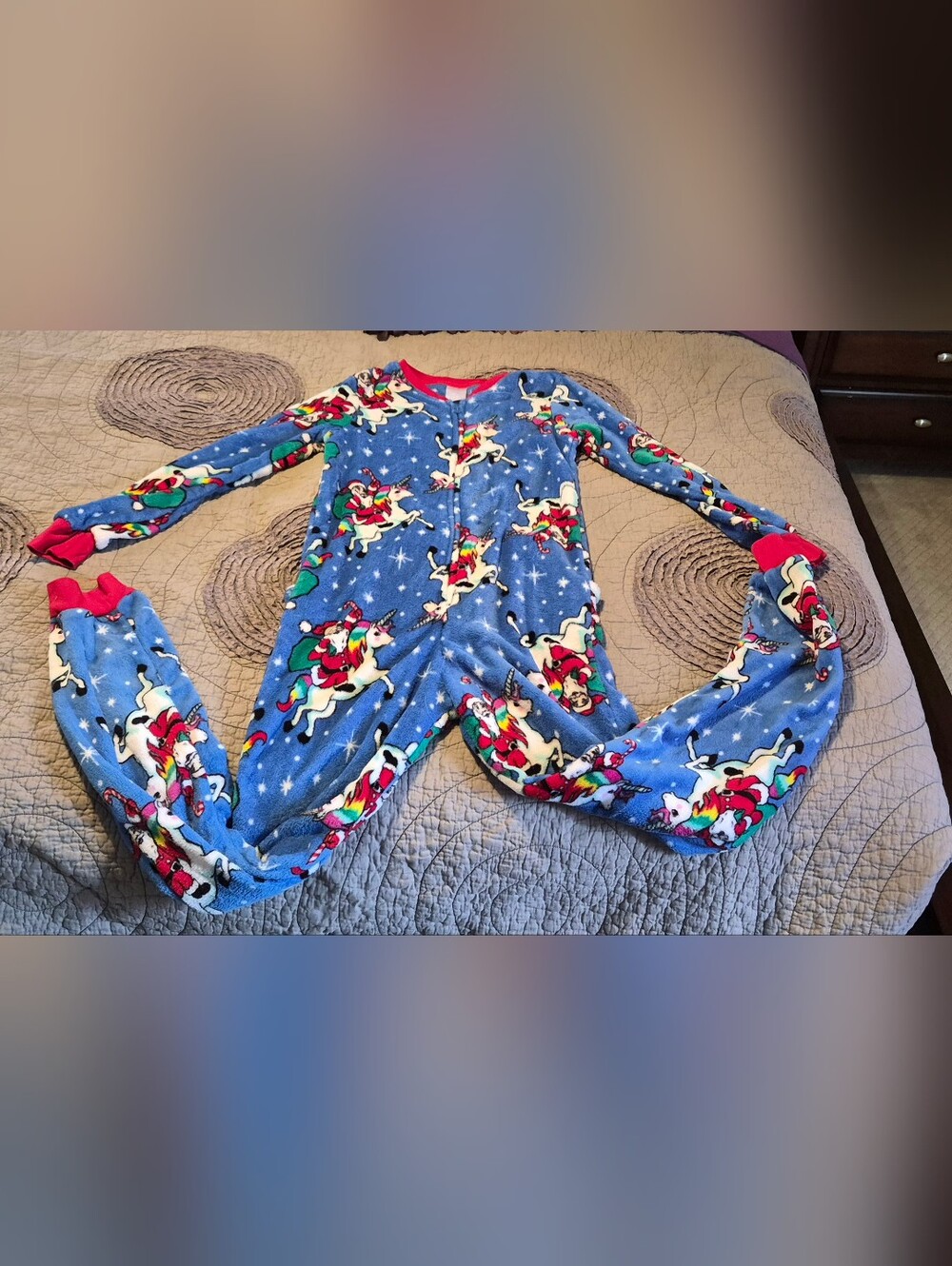Secret Treasures Blue Unicorn & Santa Fleece Footie Pajamas
